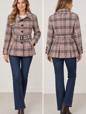 Wool blend cropped trench coat M 90's Y2K plaid pink/purple office preppy